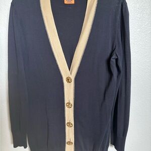 Tory Burch Navy Cardigan with Cream Trim and Gold Buttons